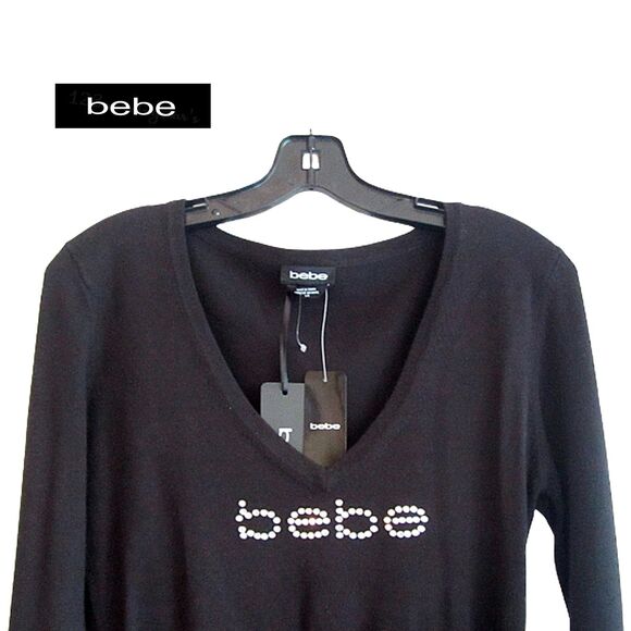 bebe NEW Glam Crystals Embellished V-Neck Rib Trim Pullover Sweater XS - Picture 2 of 12